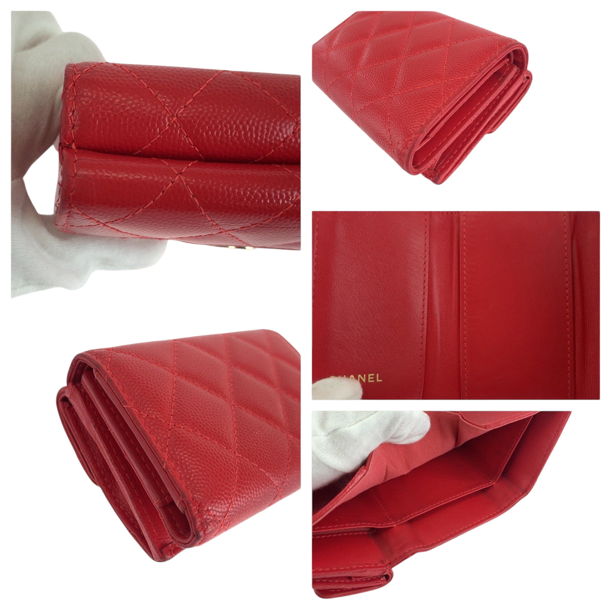 CHANEL Tri-fold wallet Caviar skin Red Gold Metal Folding wallet Compact wallet Matelasse small flap COCO Mark Women Used Authentic