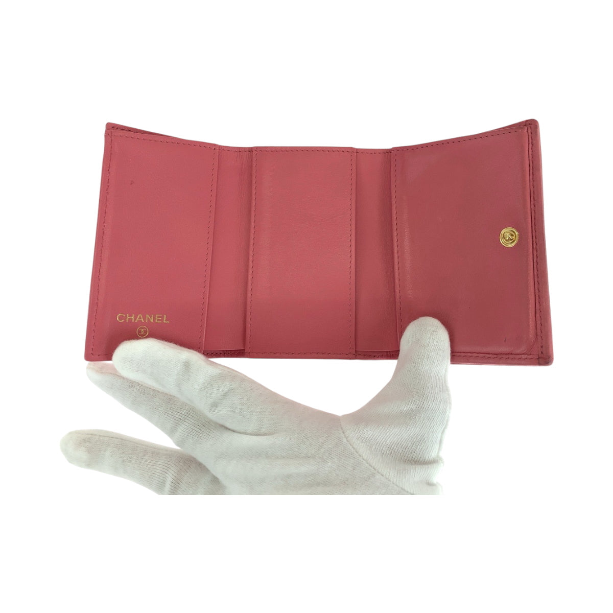 CHANEL Tri-fold wallet lambskin Pink Gold Metal Folding wallet Compact wallet 19 year old Matelasse Small Flap COCO Mark Women Used Authentic