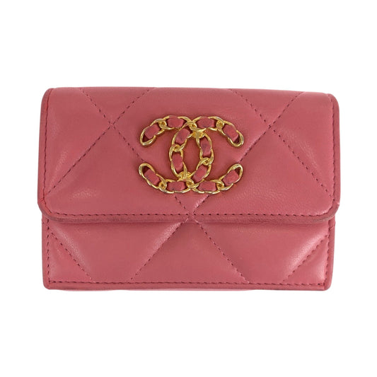 CHANEL Tri-fold wallet lambskin Pink Gold Metal Folding wallet Compact wallet 19 year old Matelasse Small Flap COCO Mark Women Used Authentic