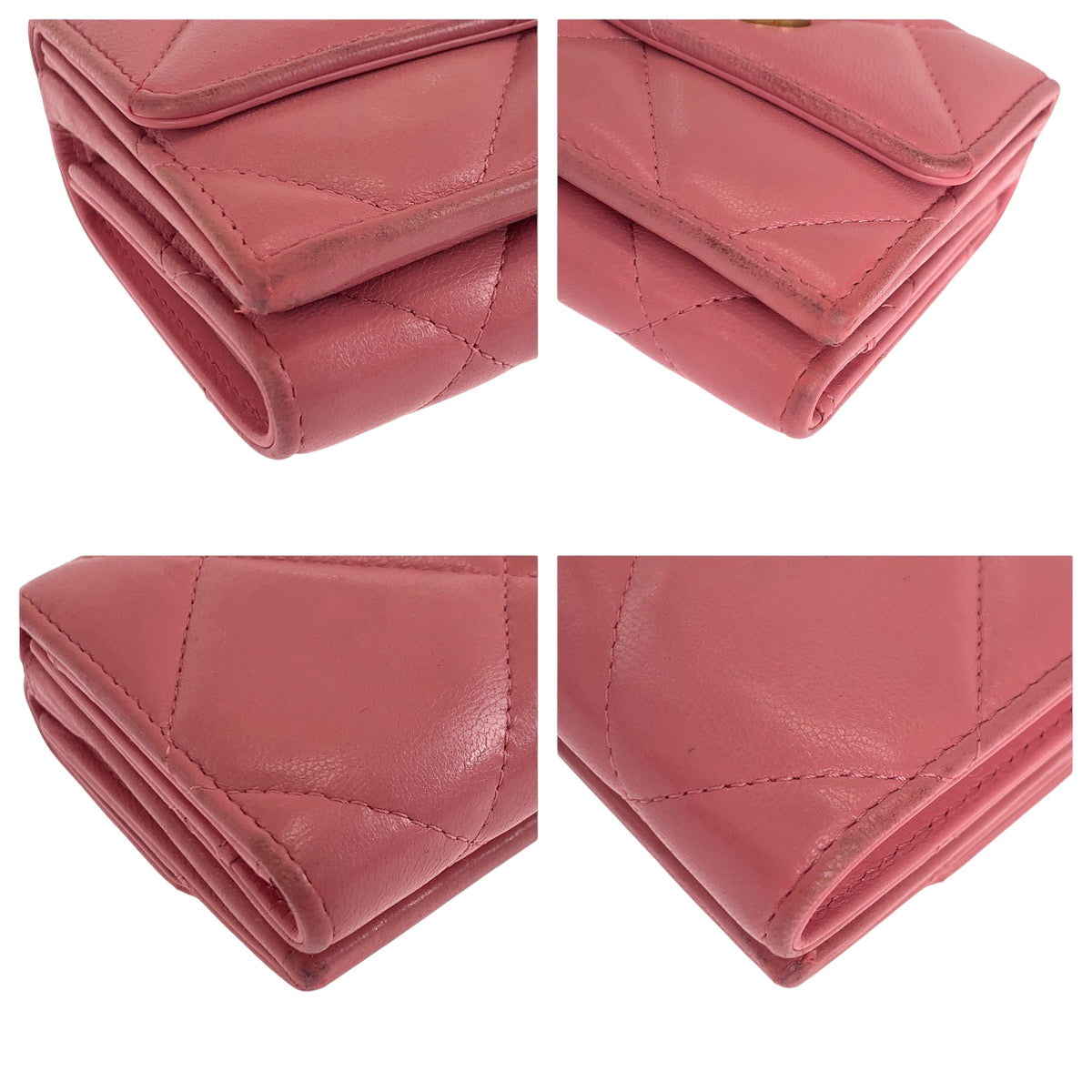CHANEL Tri-fold wallet lambskin Pink Gold Metal Folding wallet Compact wallet 19 year old Matelasse Small Flap COCO Mark Women Used Authentic