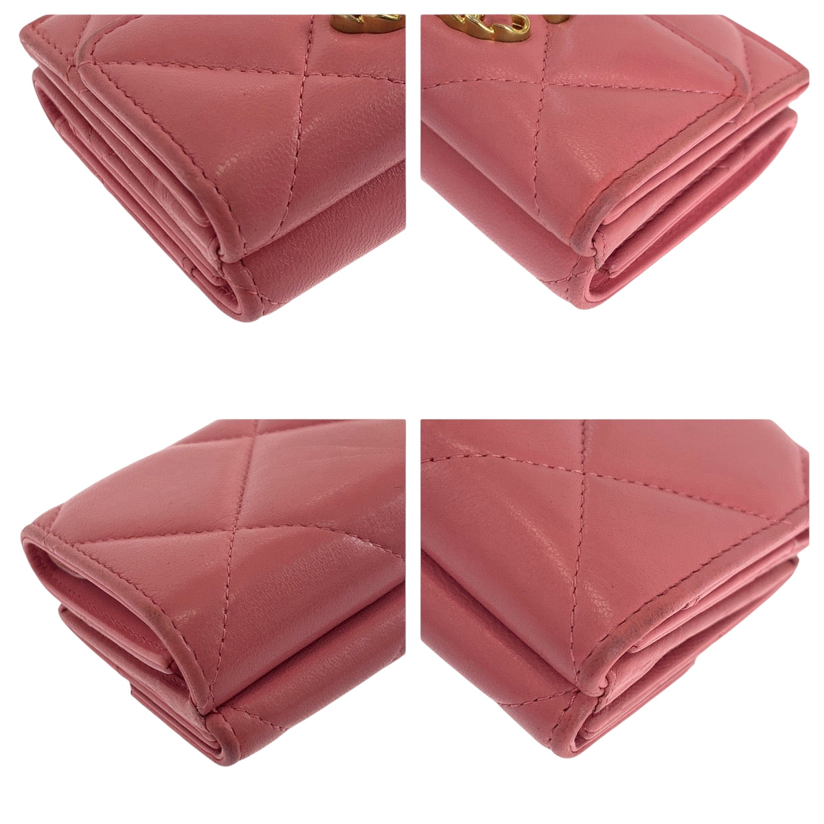 CHANEL Tri-fold wallet lambskin Pink Gold Metal Folding wallet Compact wallet 19 year old Matelasse Small Flap COCO Mark Women Used Authentic
