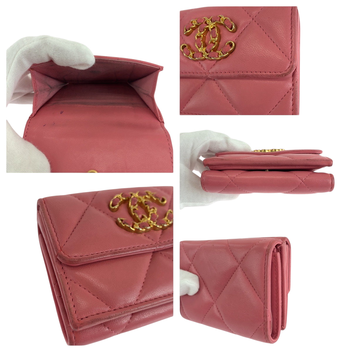 CHANEL Tri-fold wallet lambskin Pink Gold Metal Folding wallet Compact wallet 19 year old Matelasse Small Flap COCO Mark Women Used Authentic