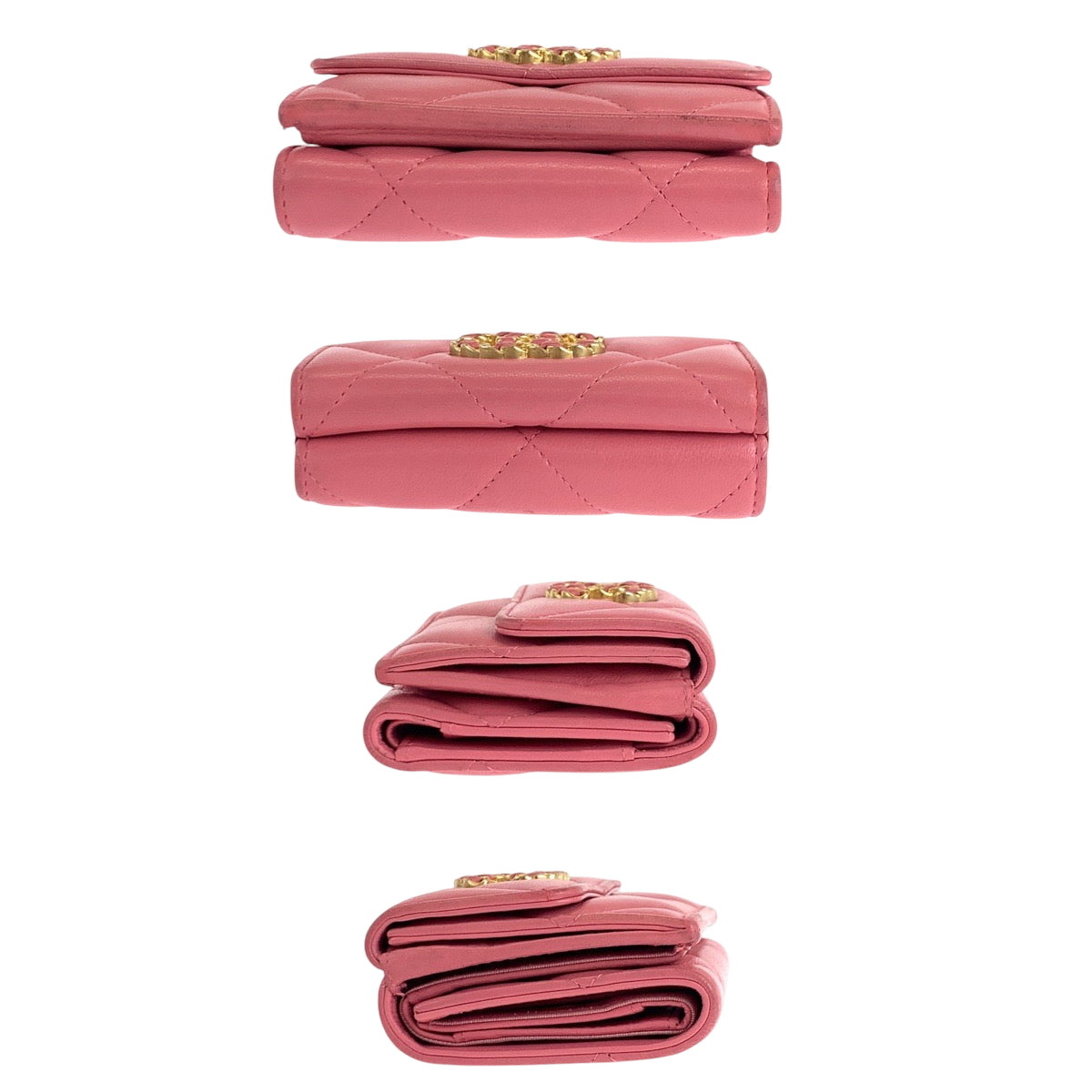 CHANEL Tri-fold wallet lambskin Pink Gold Metal Folding wallet Compact wallet 19 year old Matelasse Small Flap COCO Mark Women Used Authentic