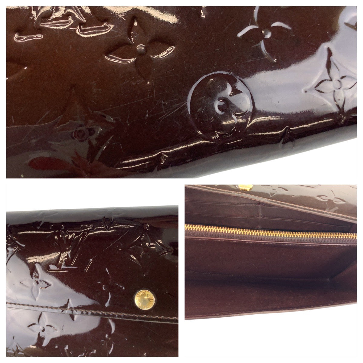 LOUIS VUITTON Long Wallet Purse M93524 Patent leather Amaranth Bordeaux Gold Metal Long Wallet Purse Vernis Portefeuille Sarah Women Used Authentic