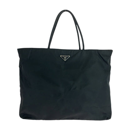 PRADA Tote Bag Nylon Black SilverMetal Tote Bag Shoulder Bag Test Triangle With logo Women Used Authentic