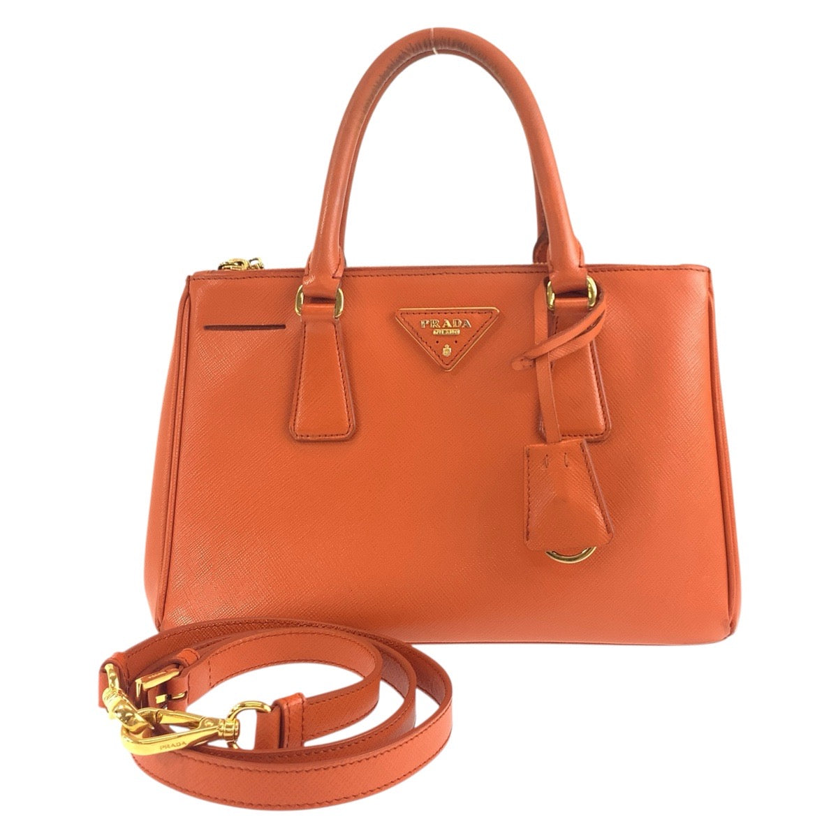 PRADA Handbag leather Orange GoldMetal Handbag Tote Bag Shoulder Bag 2way Safiano Galleria Women Used Authentic