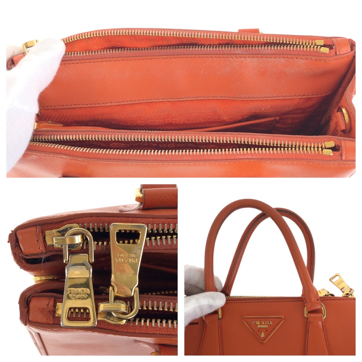 PRADA Handbag leather Orange GoldMetal Handbag Tote Bag Shoulder Bag 2way Safiano Galleria Women Used Authentic