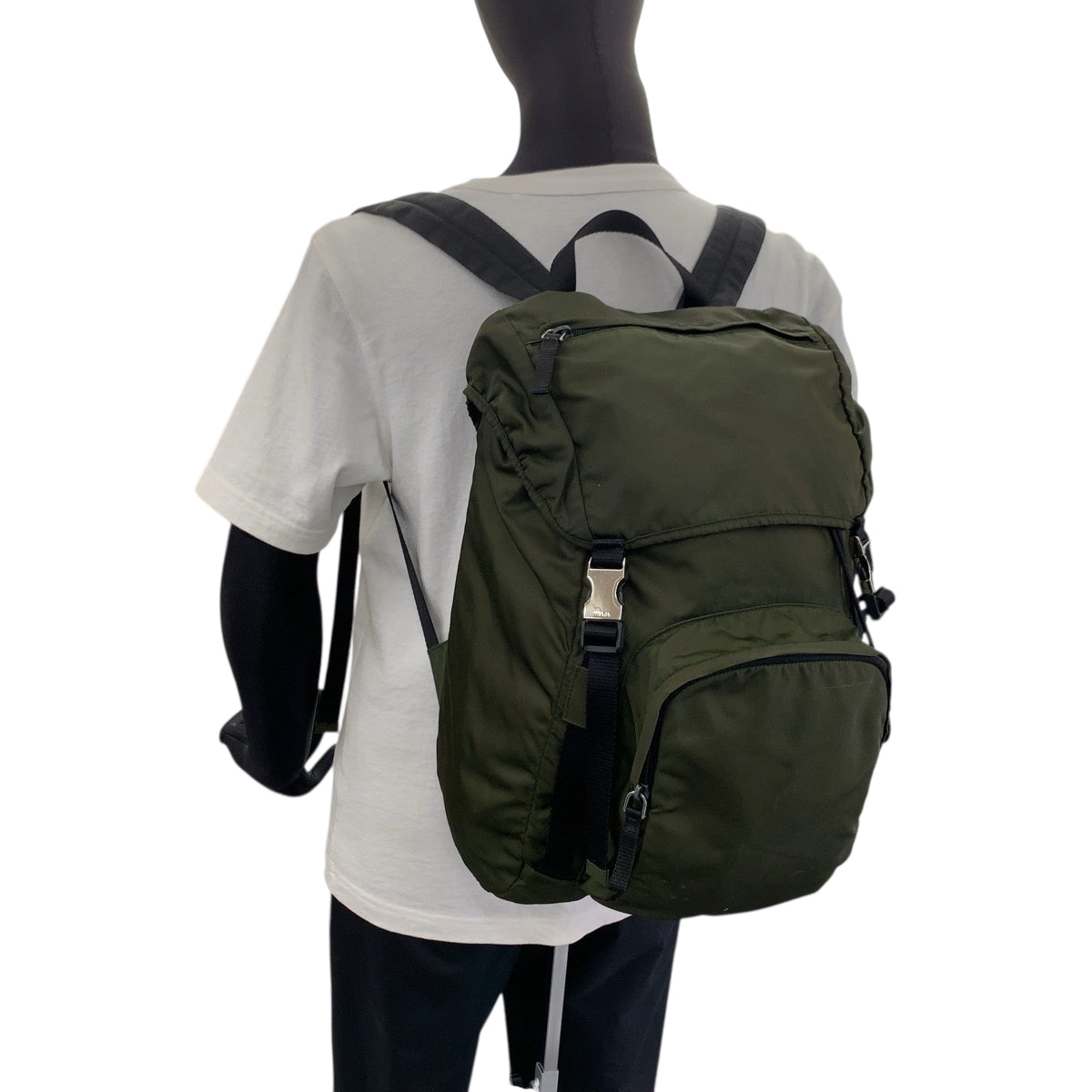 PRADA Backpack VZ0056 Nylon Khaki SilverMetal Backpack Backpack Test Triangle With logo mens Used Authentic
