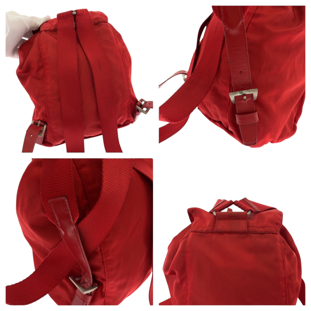 PRADA Backpack Nylon Red Silver Metal Backpack Backpack Test Triangle With logo Women Used Authentic