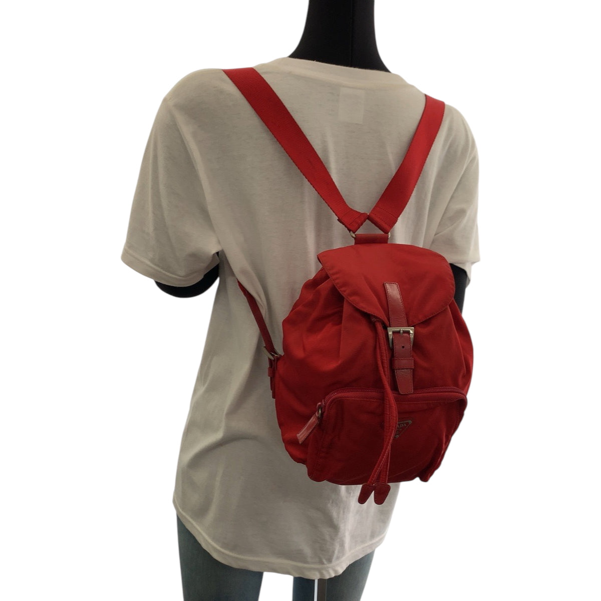 PRADA Backpack Nylon Red Silver Metal Backpack Backpack Test Triangle With logo Women Used Authentic