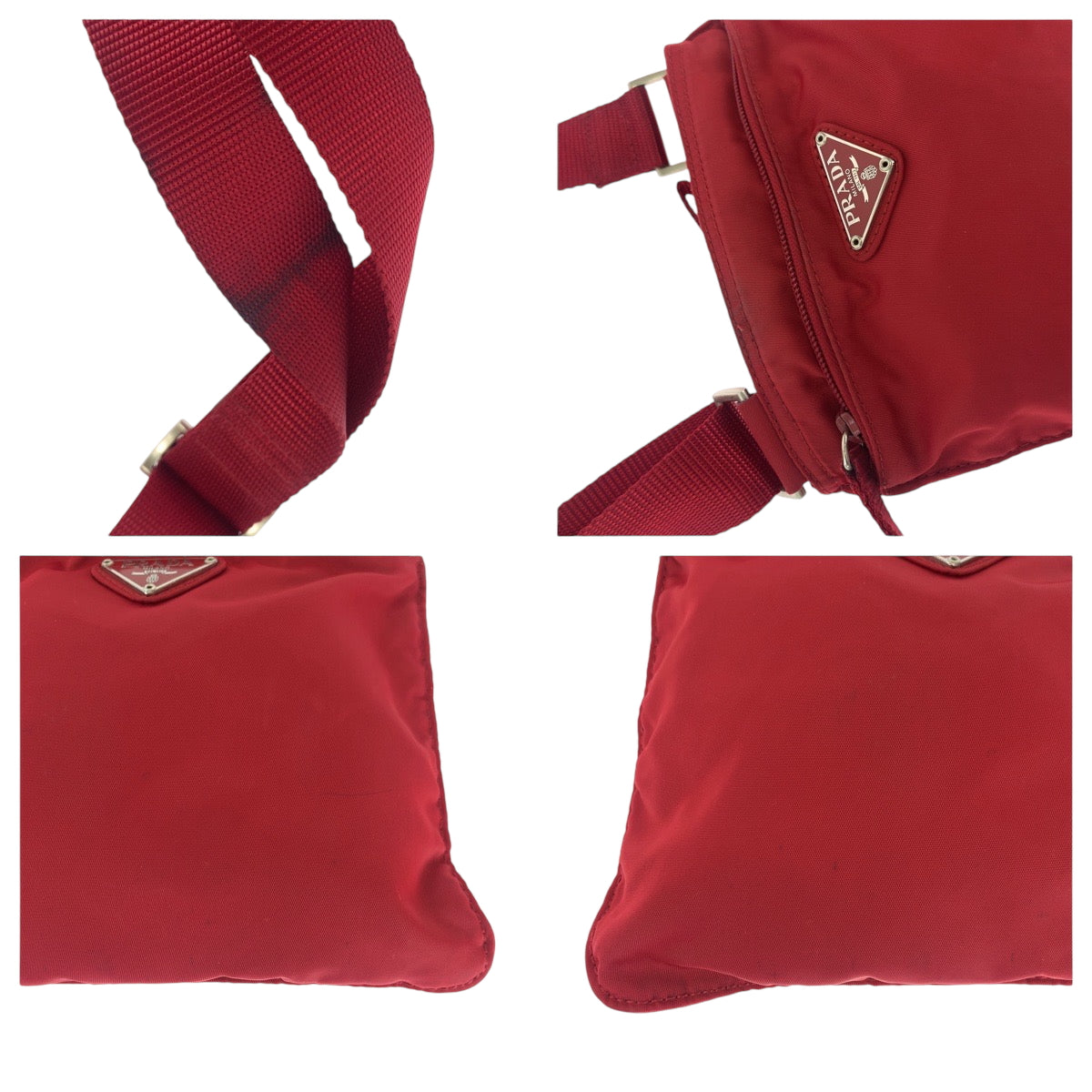PRADA Shoulder Bag B7372 Nylon Red Silver Metal Shoulder Bag Sacoche Test Triangle With logo Women Used Authentic