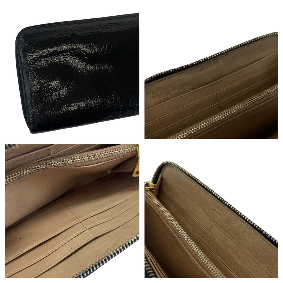 PRADA Long Wallet Purse Patent leather Black GoldMetal Long wallet Zip Around logo mens Used Authentic