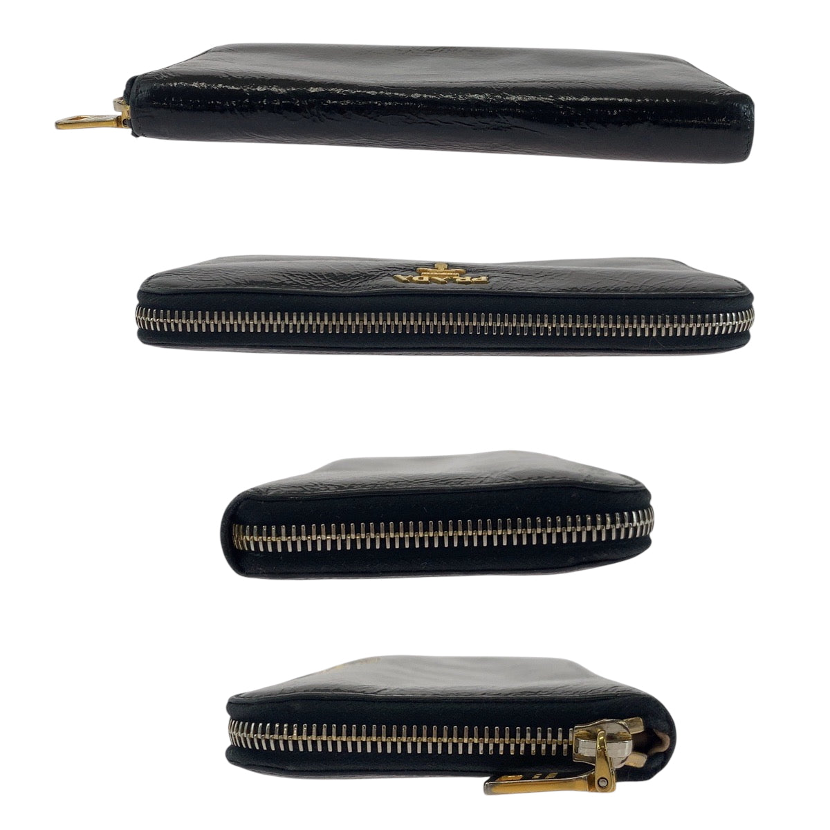 PRADA Long Wallet Purse Patent leather Black GoldMetal Long wallet Zip Around logo mens Used Authentic
