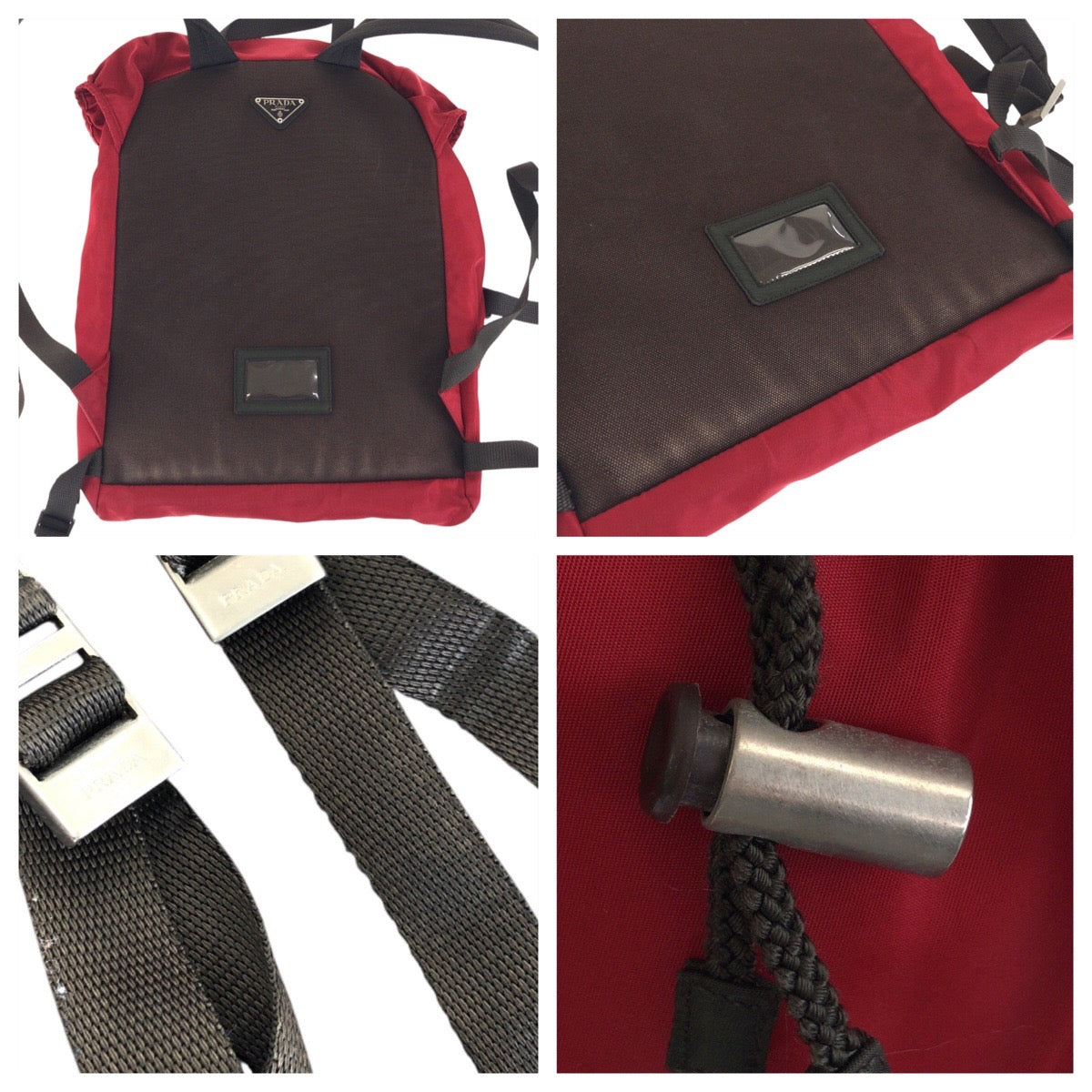 PRADA Backpack Nylon Red Khaki SilverMetal Backpack Daypack Test Triangle With logo mens Used Authentic