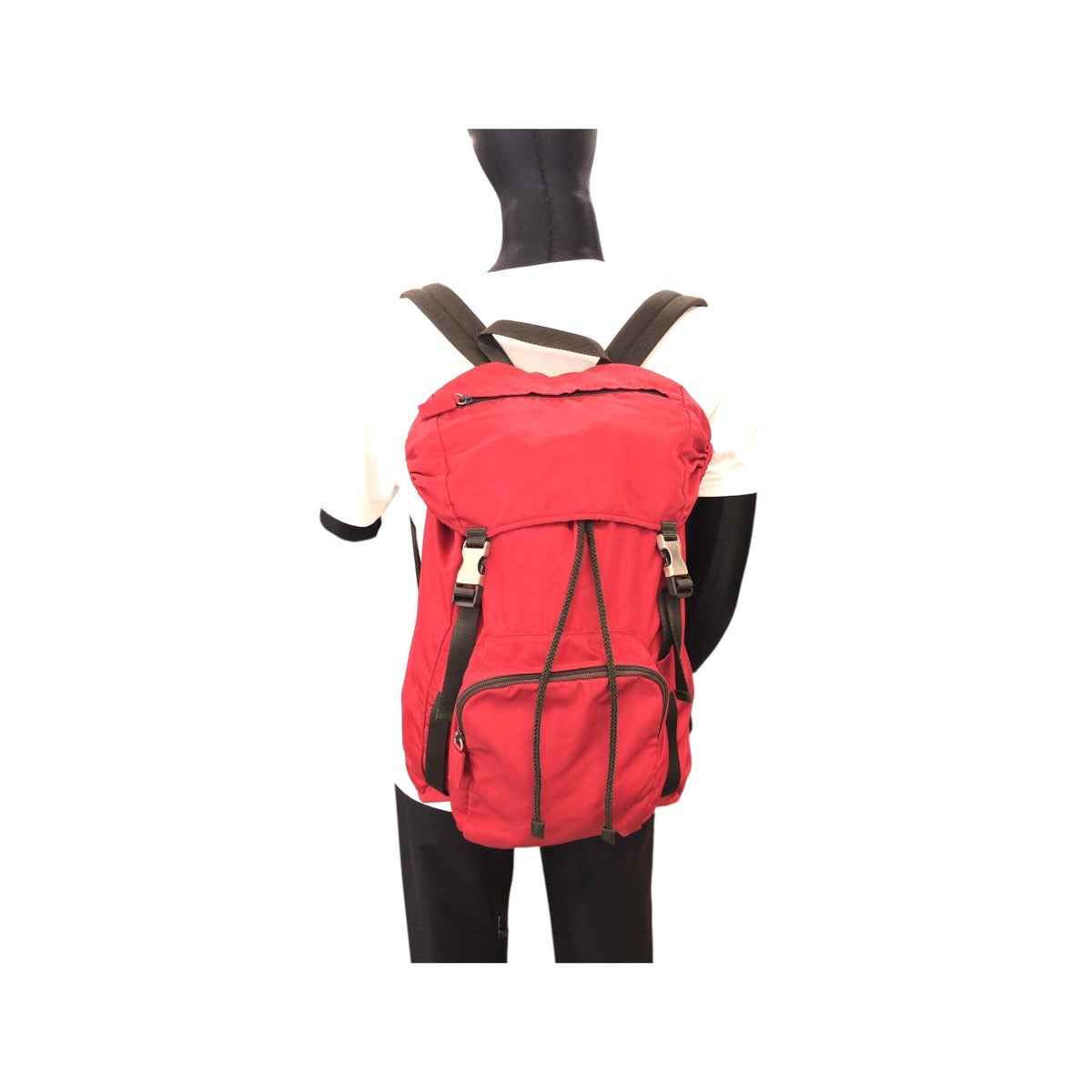 PRADA Backpack Nylon Red Khaki SilverMetal Backpack Daypack Test Triangle With logo mens Used Authentic