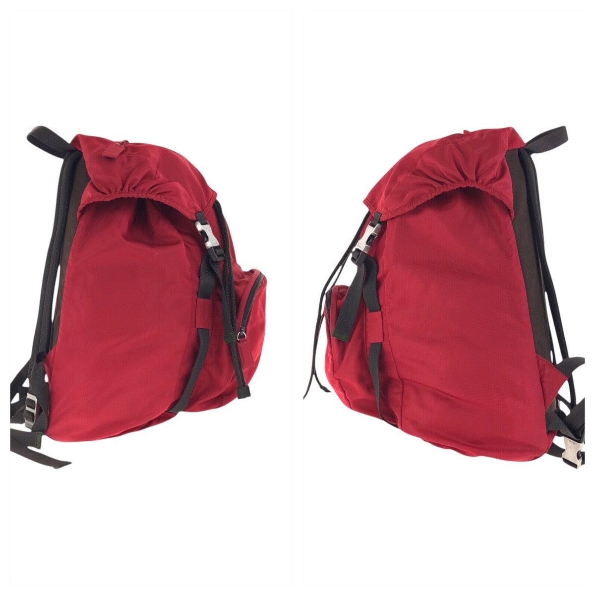 PRADA Backpack Nylon Red Khaki SilverMetal Backpack Daypack Test Triangle With logo mens Used Authentic