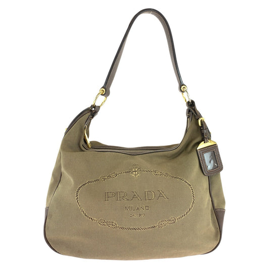 PRADA Shoulder Bag Canvas, Leather Brown Gold Metal Hobo Shoulder Bag Logo jacquard Women Used Authentic
