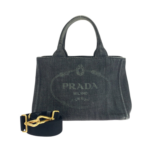 PRADA Tote Bag 1BG439 canvas Black GoldMetal Shoulder Bag Tote Bag 2way Canapa logo Women Used Authentic