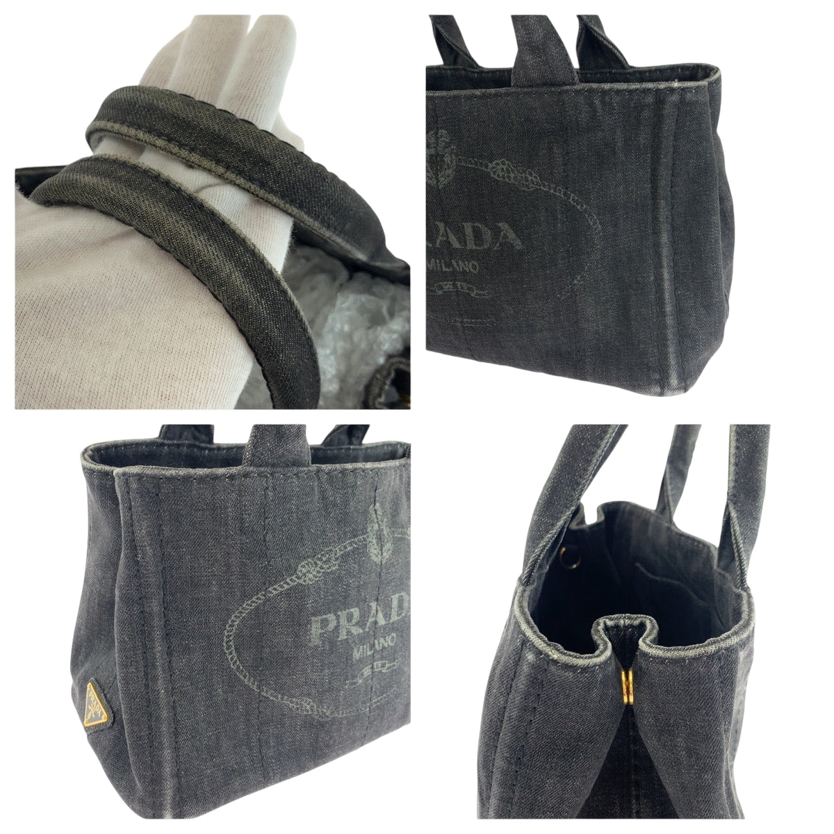 PRADA Tote Bag 1BG439 canvas Black GoldMetal Shoulder Bag Tote Bag 2way Canapa logo Women Used Authentic