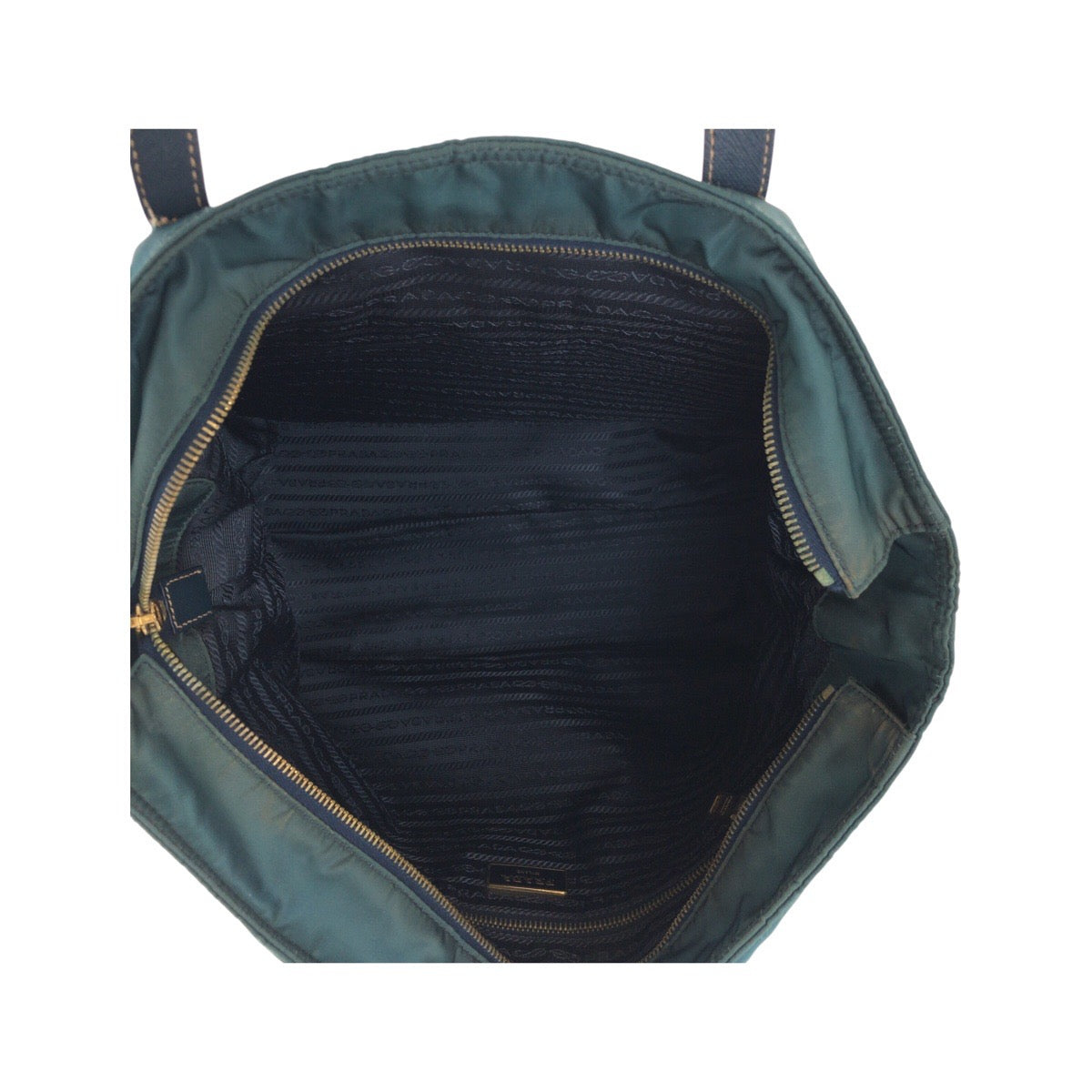 PRADA Tote Bag Nylon, Leather Green Navy Gold Metal Tote Bag Shoulder Bag 2way Test Triangle With logo Women Used Authentic