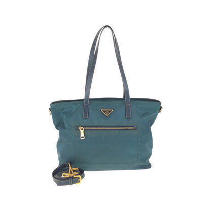 PRADA Tote Bag Nylon, Leather Green Navy Gold Metal Tote Bag Shoulder Bag 2way Test Triangle With logo Women Used Authentic