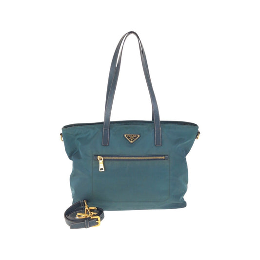 PRADA Tote Bag Nylon, Leather Green Navy Gold Metal Tote Bag Shoulder Bag 2way Test Triangle With logo Women Used Authentic