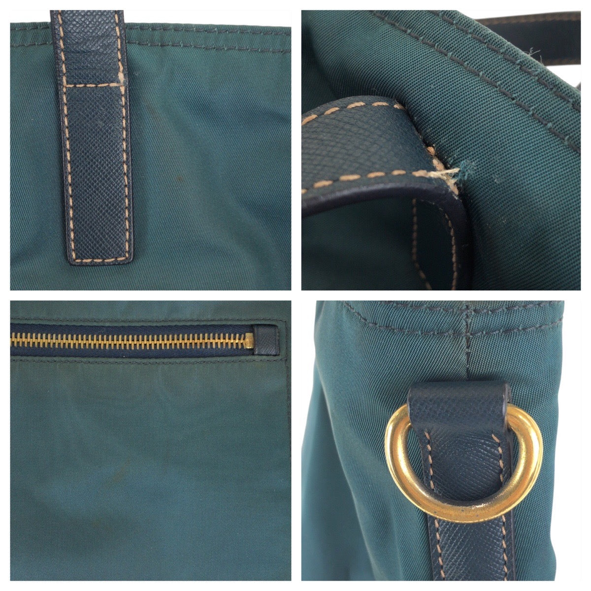 PRADA Tote Bag Nylon, Leather Green Navy Gold Metal Tote Bag Shoulder Bag 2way Test Triangle With logo Women Used Authentic