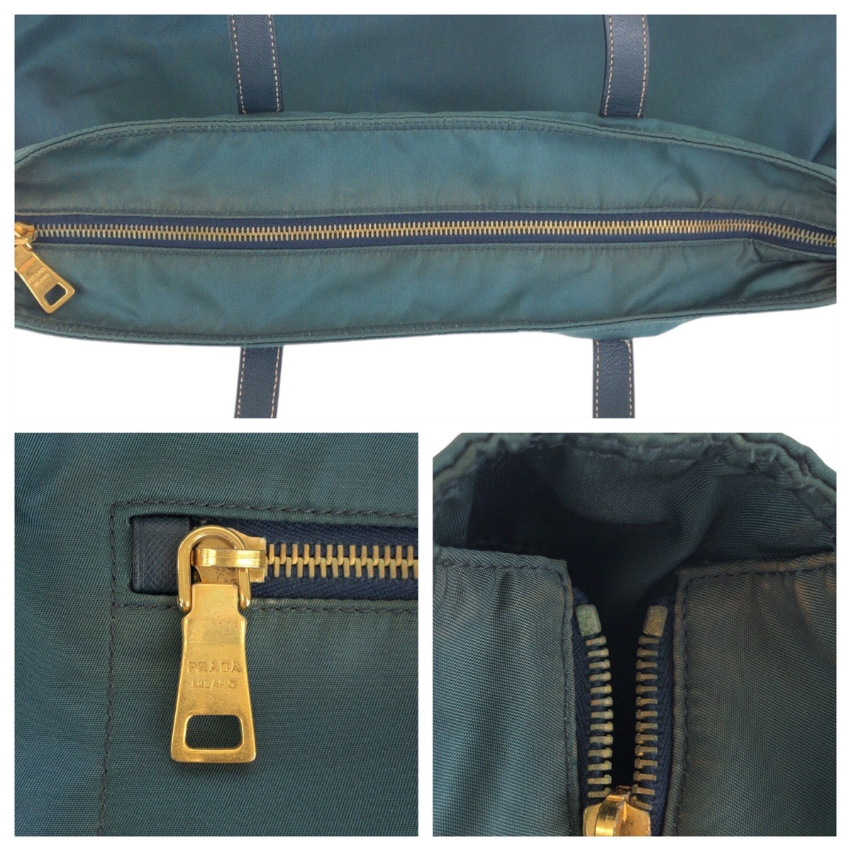 PRADA Tote Bag Nylon, Leather Green Navy Gold Metal Tote Bag Shoulder Bag 2way Test Triangle With logo Women Used Authentic