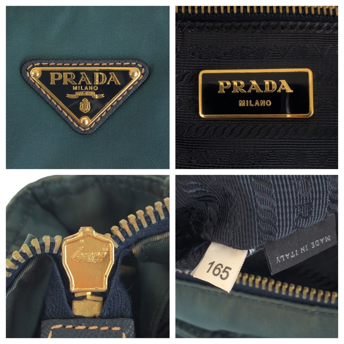 PRADA Tote Bag Nylon, Leather Green Navy Gold Metal Tote Bag Shoulder Bag 2way Test Triangle With logo Women Used Authentic