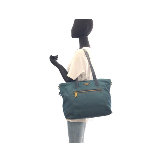 PRADA Tote Bag Nylon, Leather Green Navy Gold Metal Tote Bag Shoulder Bag 2way Test Triangle With logo Women Used Authentic