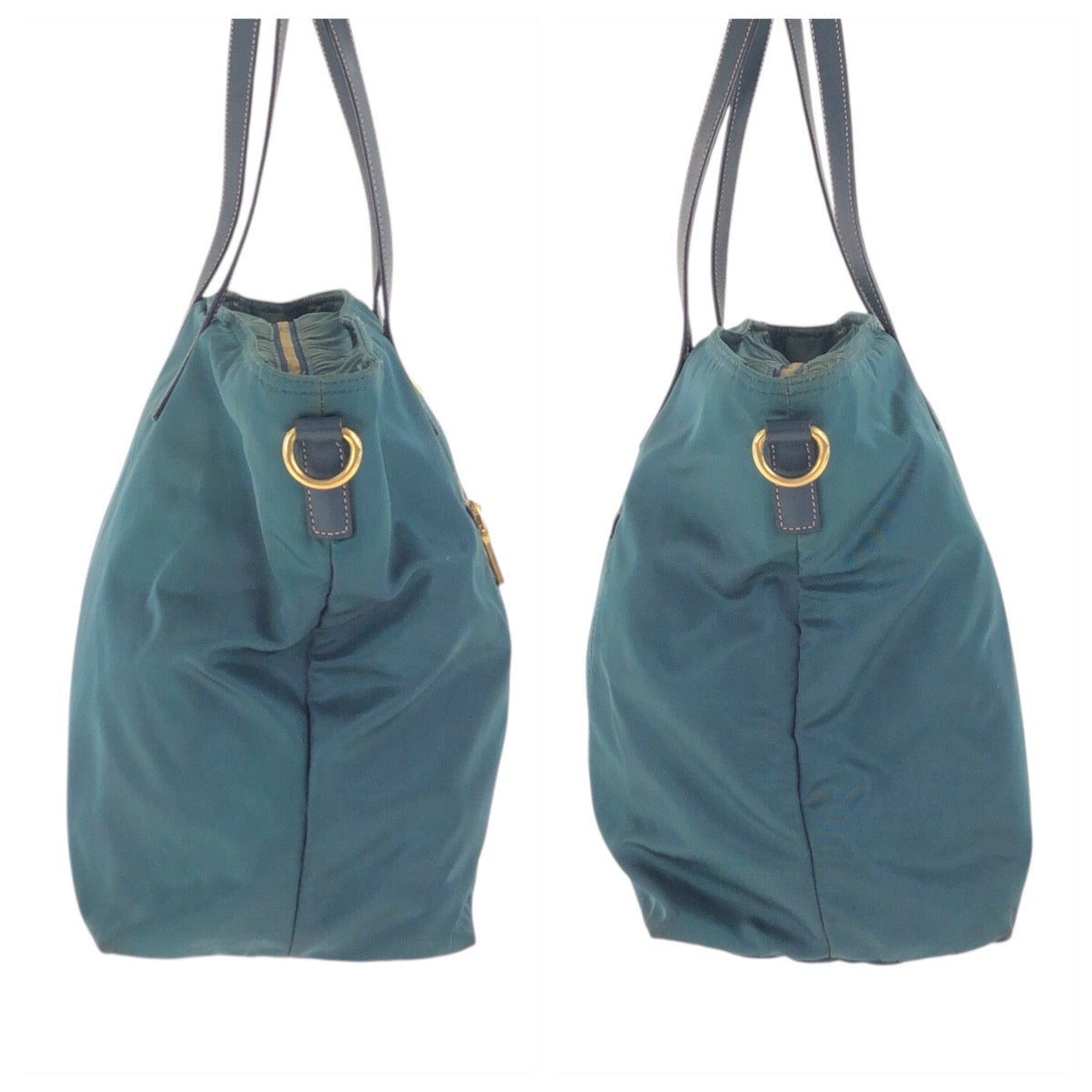 PRADA Tote Bag Nylon, Leather Green Navy Gold Metal Tote Bag Shoulder Bag 2way Test Triangle With logo Women Used Authentic