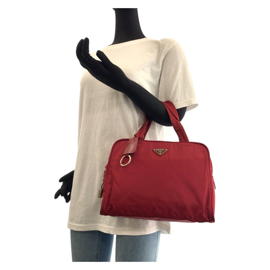 PRADA Tote Bag Nylon Wine Red Bordeaux SilverMetal Tote Bag handbag Test Triangle With logo Women Used Authentic