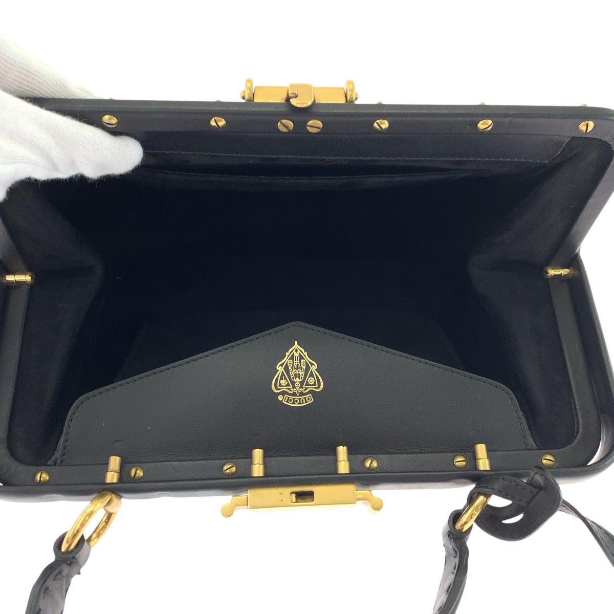 GUCCI Handbag 303888 leather Black GoldMetal Handbag with mirror Limited edition Stirrup Women Used Authentic