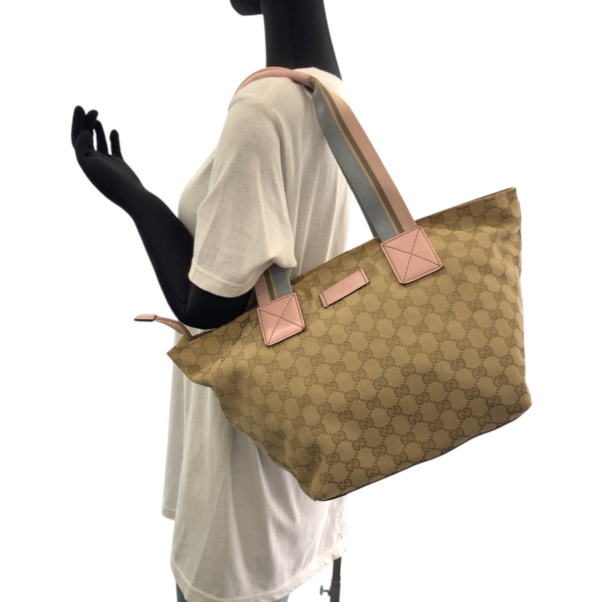 GUCCI Tote Bag 131230 GG canvas Beige Pink Blue Gold Metal Tote Bag Shoulder Bag Women Used Authentic