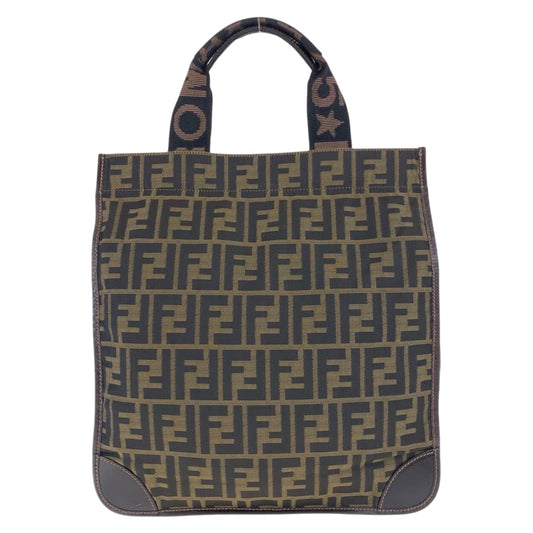 FENDI Tote Bag Canvas, Leather Brown Silver Metal Tote Bag handbag Zucca folding Women Used Authentic