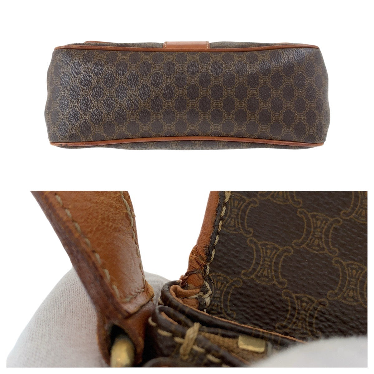 CELINE Shoulder Bag PVC, Leather Brown Gold Metal Shoulder Bag pochette Macadam Circle Logo Women Used Authentic