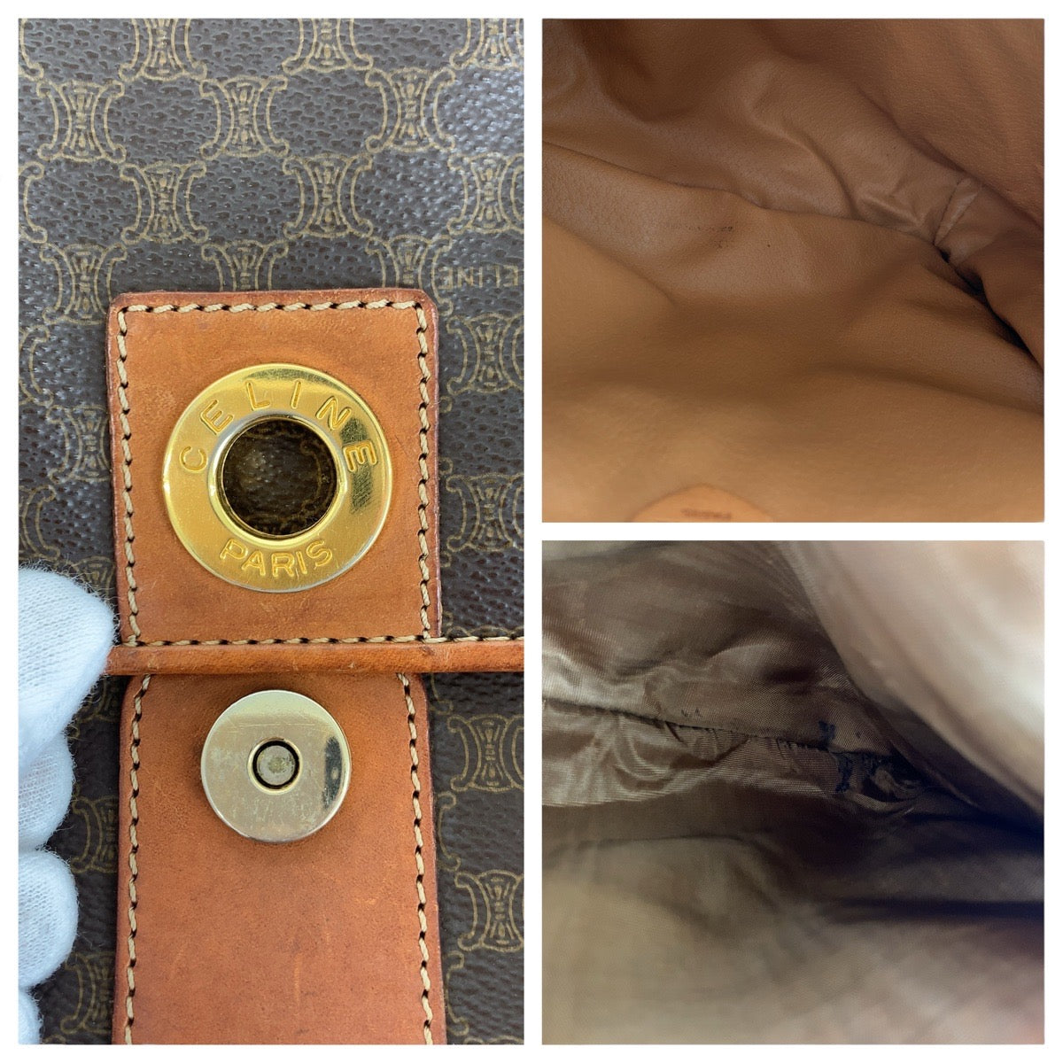 CELINE Shoulder Bag PVC, Leather Brown Gold Metal Shoulder Bag pochette Macadam Circle Logo Women Used Authentic