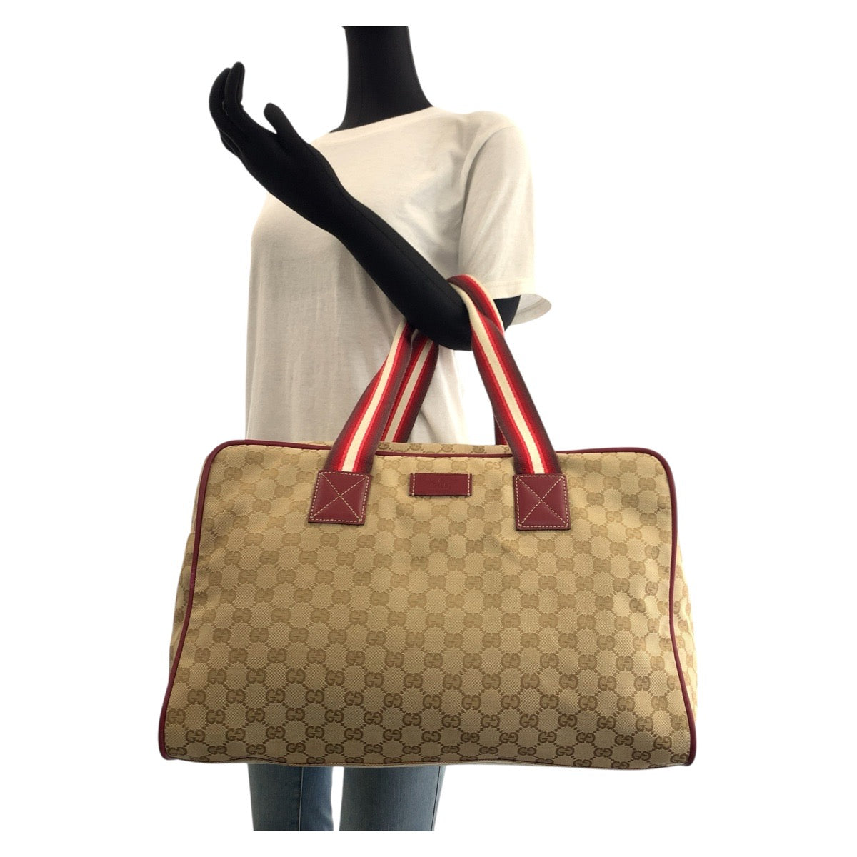 GUCCI Boston Duffel bag 153240 GG canvas, leather Beige Bordeaux SilverMetal Boston Duffel bag unisex Sherry line Women Used Authentic