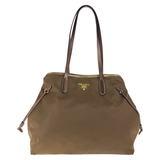 PRADA Tote Bag Nylon, Leather Brown Gold Metal Tote Bag Shoulder Bag Testo Saffiano Triangle With logo Women Used Authentic