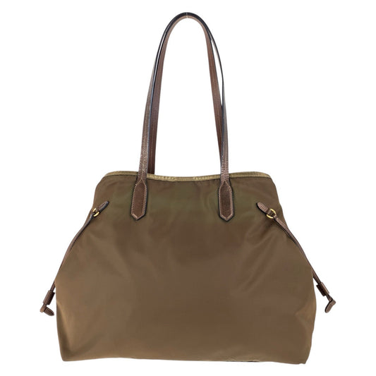 PRADA Tote Bag Nylon, Leather Brown Gold Metal Tote Bag Shoulder Bag Testo Saffiano Triangle With logo Women Used Authentic
