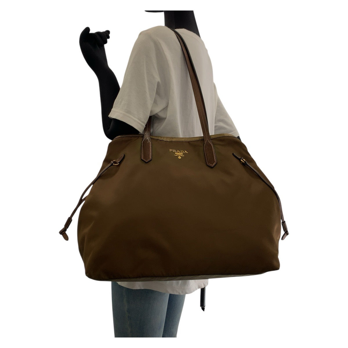 PRADA Tote Bag Nylon, Leather Brown Gold Metal Tote Bag Shoulder Bag Testo Saffiano Triangle With logo Women Used Authentic
