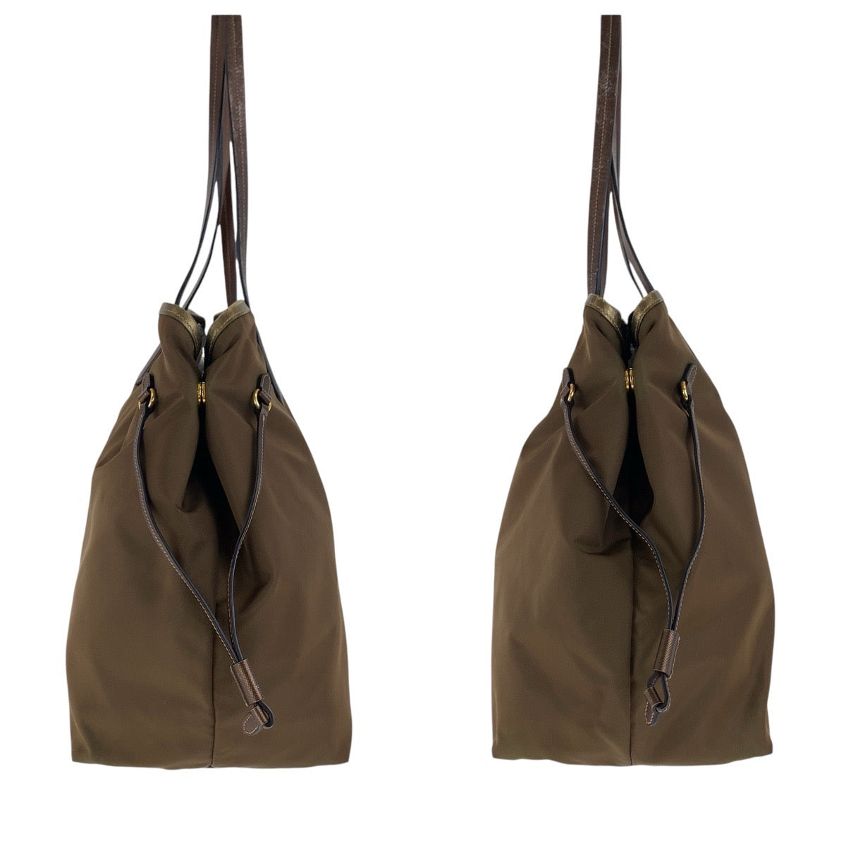 PRADA Tote Bag Nylon, Leather Brown Gold Metal Tote Bag Shoulder Bag Testo Saffiano Triangle With logo Women Used Authentic