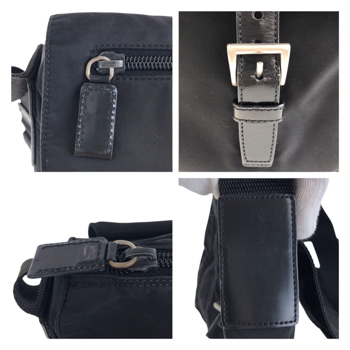 PRADA Shoulder Bag Nylon, Leather Black SilverMetal Shoulder Bag pochette Test Triangle With logo Women Used Authentic
