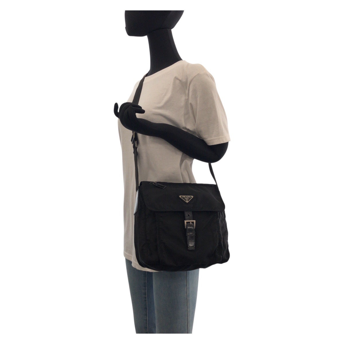 PRADA Shoulder Bag Nylon, Leather Black SilverMetal Shoulder Bag pochette Test Triangle With logo Women Used Authentic