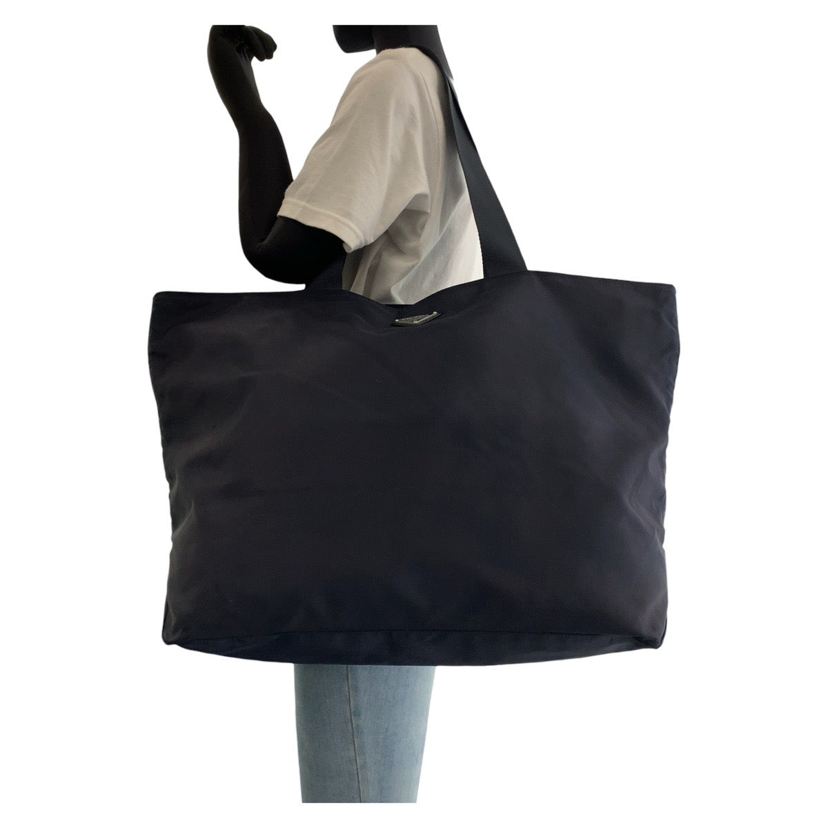 PRADA Tote Bag Nylon Navy SilverMetal Tote Bag Shoulder Bag Test Triangle With logo Women Used Authentic
