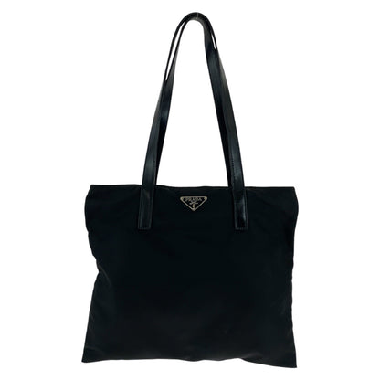 PRADA Tote Bag Nylon, Leather Black SilverMetal Tote Bag Shoulder Bag Test Triangle With logo Women Used Authentic
