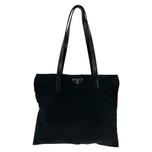 PRADA Tote Bag Nylon, Leather Black SilverMetal Tote Bag Shoulder Bag Test Triangle With logo Women Used Authentic