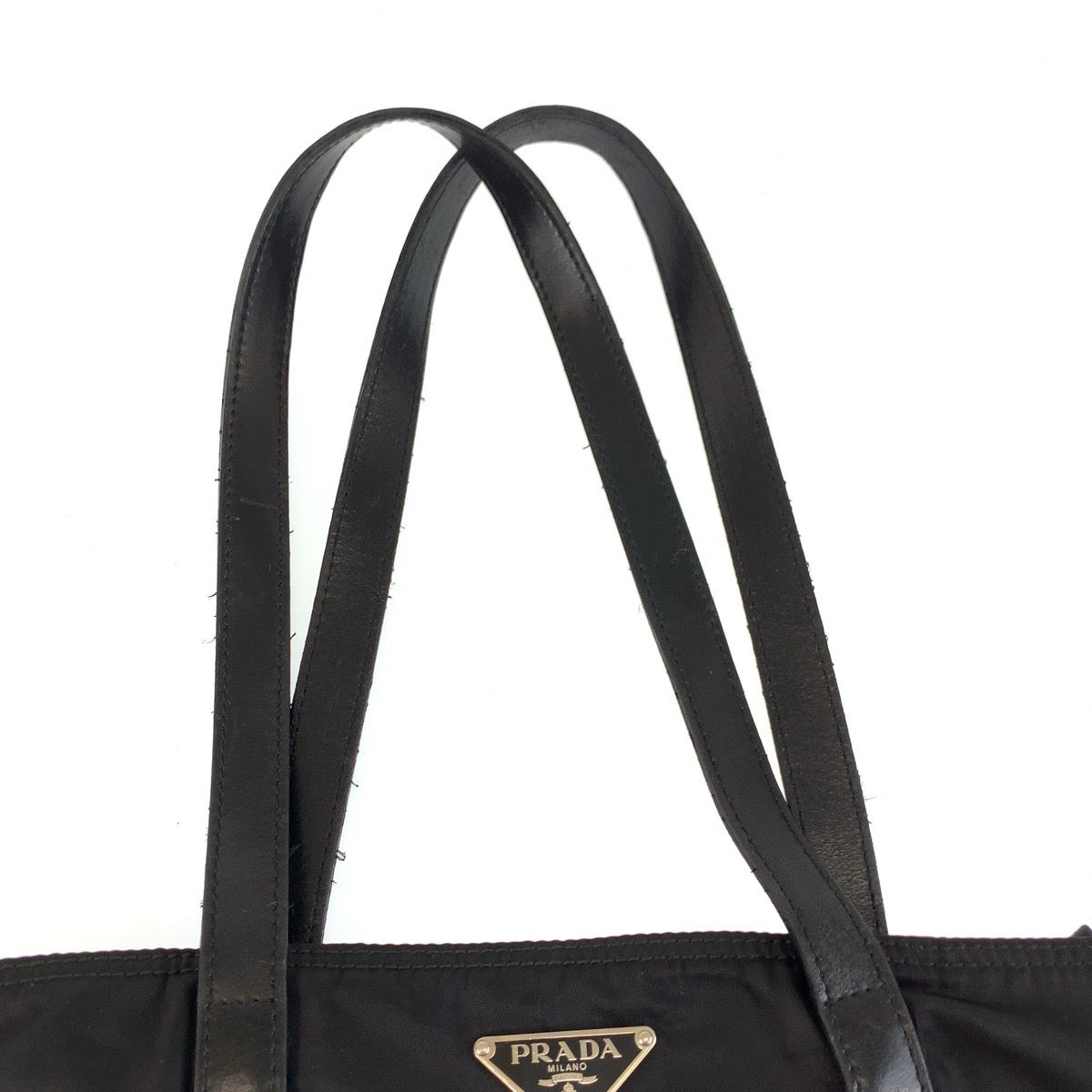 PRADA Tote Bag Nylon, Leather Black SilverMetal Tote Bag Shoulder Bag Test Triangle With logo Women Used Authentic