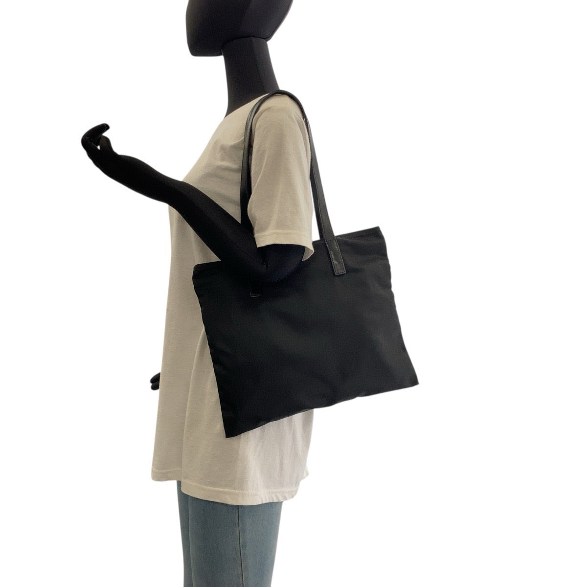 PRADA Tote Bag Nylon, Leather Black SilverMetal Tote Bag Shoulder Bag Test Triangle With logo Women Used Authentic