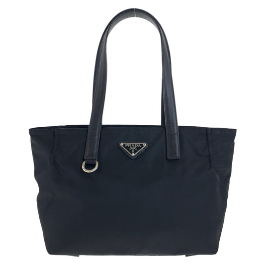 PRADA Tote Bag Nylon, Leather Black SilverMetal Tote Bag handbag Testo Saffiano Triangle With logo Women Used Authentic